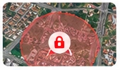 Mapa aéreo ilustrativo com região em vermelho e símbolo de bloqueio